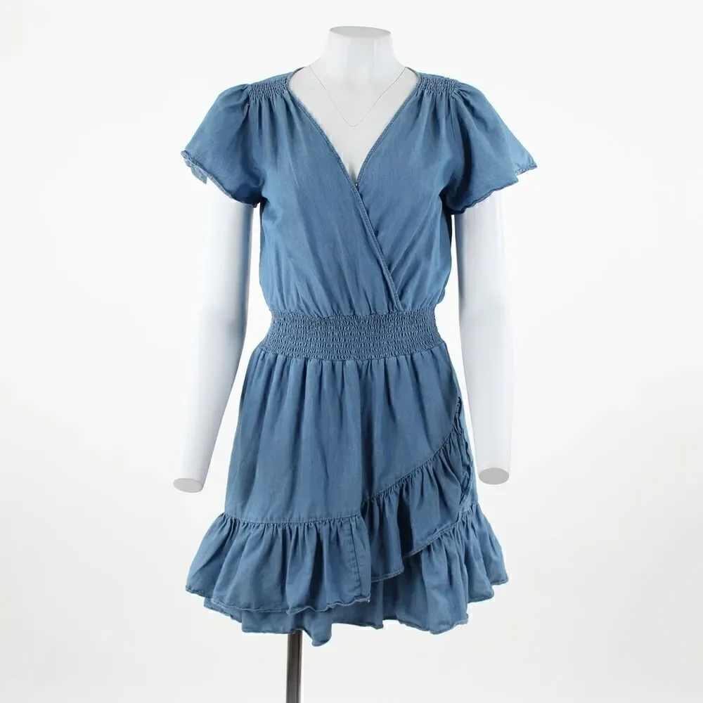 Michael Kors Tiered Faux-Wrap Fit Flare D Light Cadet Wash